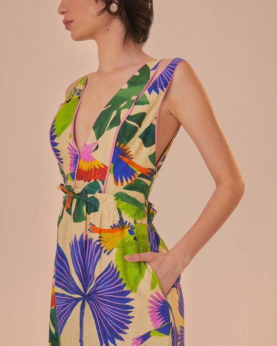 Ban Do Sand Macaw Jungle V Neck Midi Dress