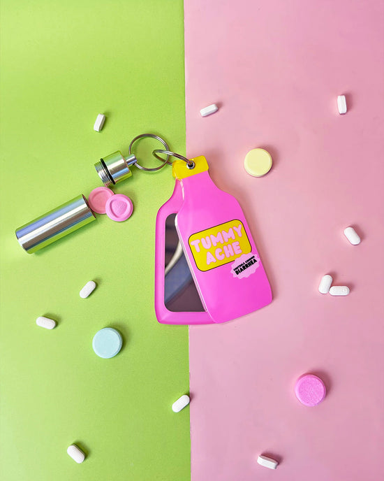 ban do Tummy Hurts Mirror + Pill Case Keychain