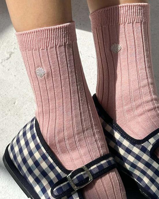 Ban Do Embroidered Her Socks - Pink Soda + Silver Seashell