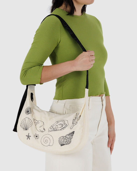 Ban Do Medium Nylon Crescent Bag W/ Key Leash - Embroidered Shells