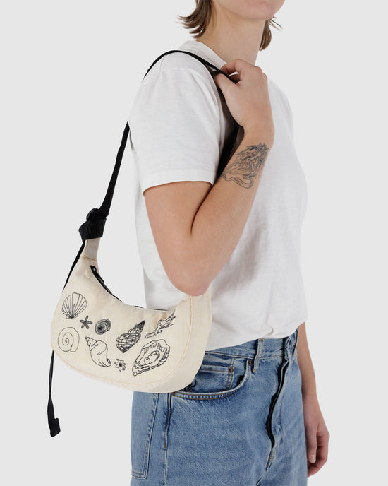 Ban Do Small Nylon Crescent Bag W/ Key Leash - Embroidered Shells