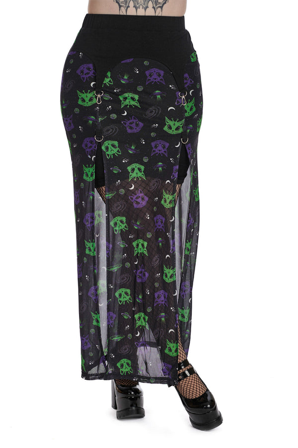 banned alternative Banned Alternative ALIEN SPACE CAT MESH SLIT SKIRT