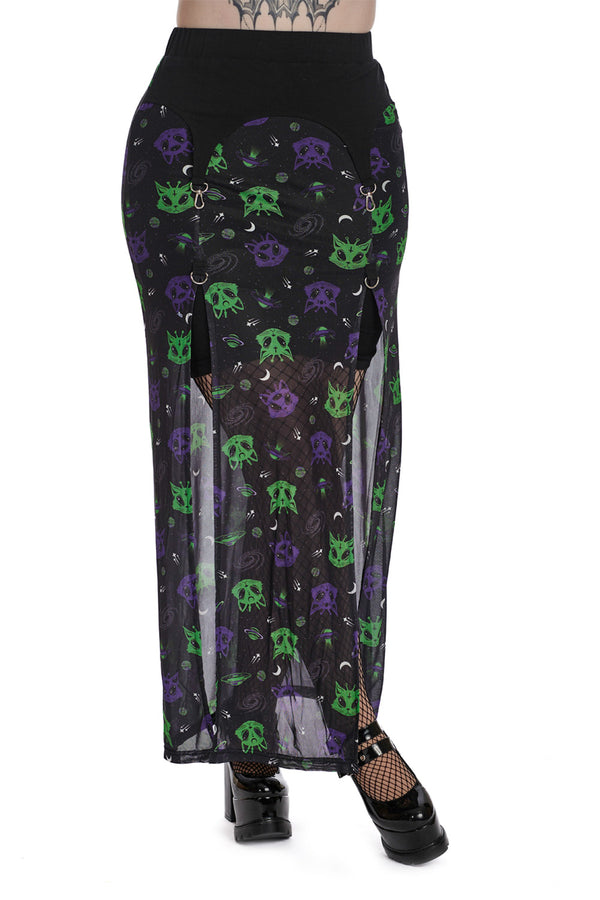 banned alternative Banned Alternative ALIEN SPACE CAT MESH SLIT SKIRT