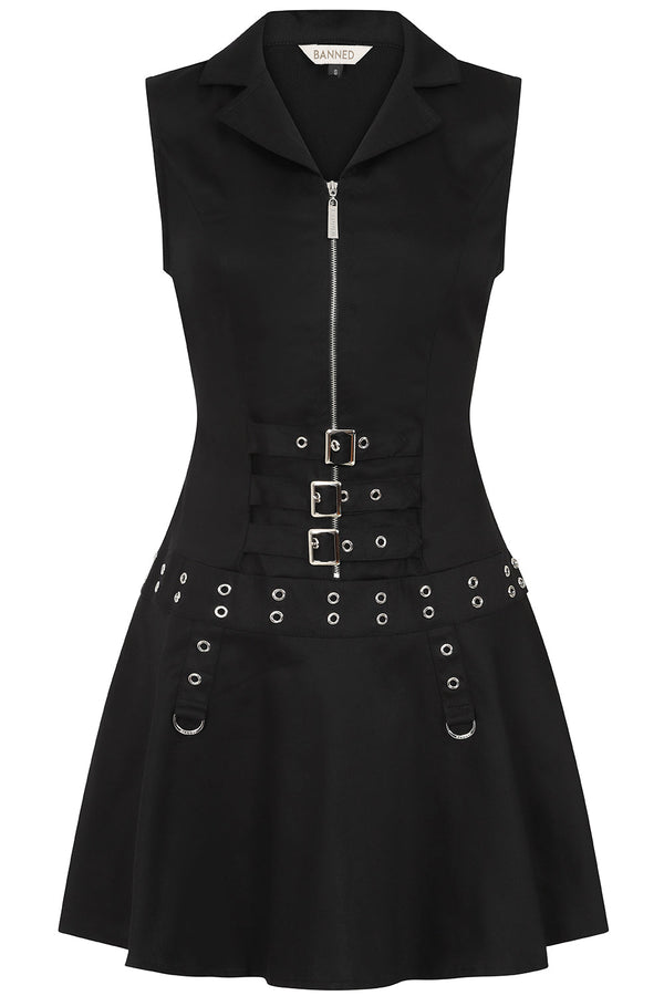 banned alternative Banned Alternative Astrid Black Buckle Mini Dress with Zip Front and Grommet Details