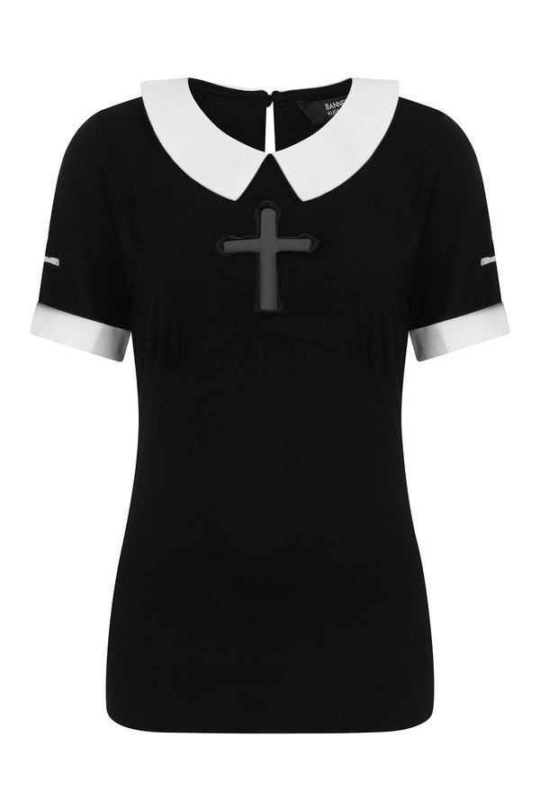 banned alternative Banned Alternative Crossing Over Black and White Collar Crucifix Top