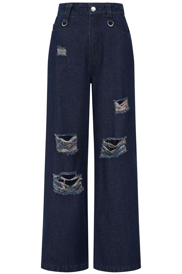 banned alternative Banned Alternative Harley Rainbow Thread Distressed Wide-Leg Jeans