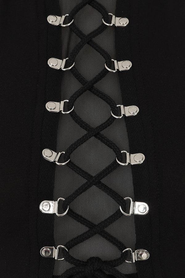 Banned Alternative Banned Alternative Isolde Top Black Lace-Up Halter Crop Top With Mesh Panel