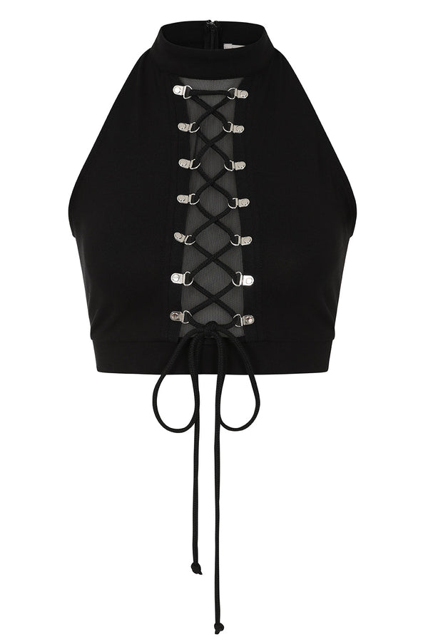 banned alternative Banned Alternative Isolde Top Black Lace-Up Halter Crop Top with Mesh Panel