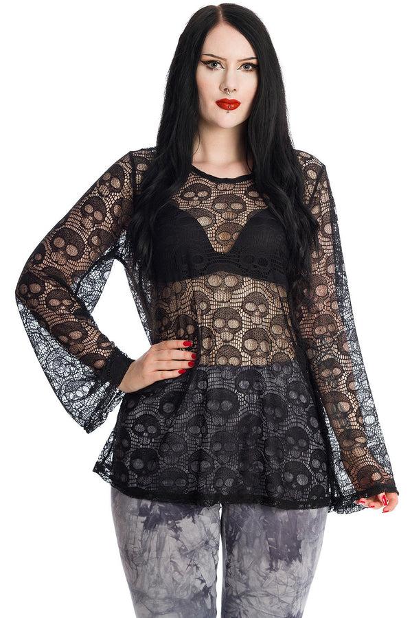banned alternative Banned Alternative Lace Skull Black Long Sleeve Top