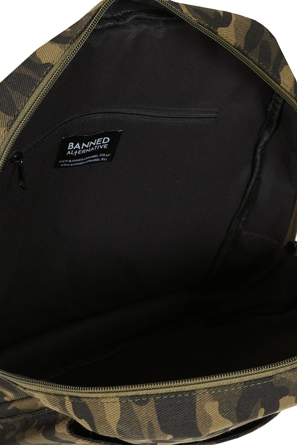 Banned Alternative BANNED Darkest Love Skeleton Heart Backpack | Camo Gothic School Bag