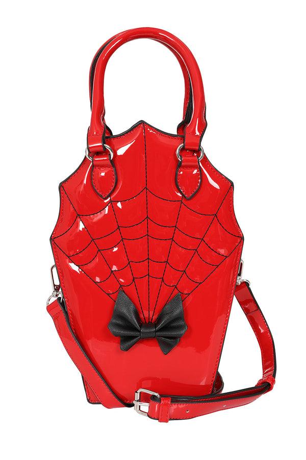 Banned Alternative BANNED Ghoul Coffin Red Bag | Shimmer Quilted Gothic Handbag With Spider Web