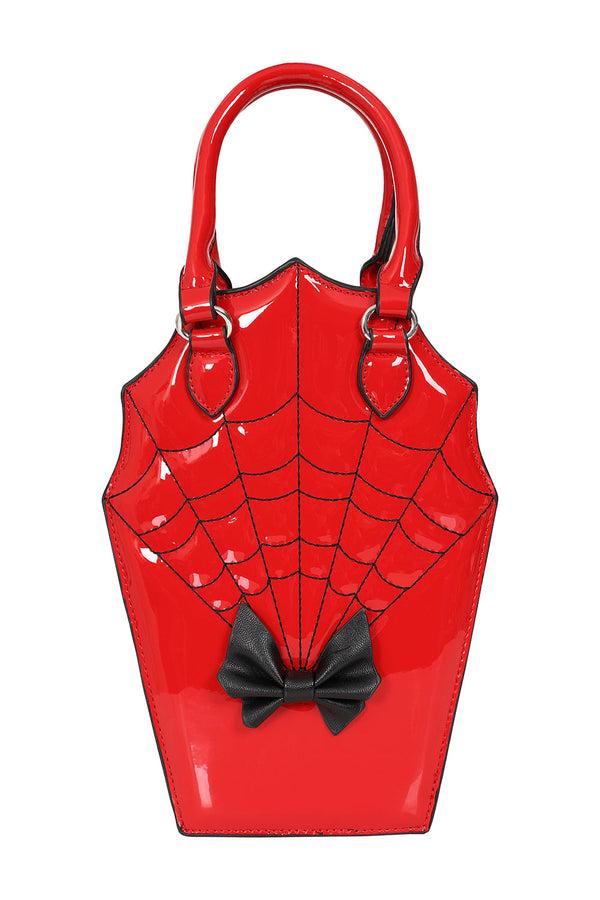 banned alternative BANNED Ghoul Coffin Red Bag | Shimmer Quilted Gothic Handbag with Spider Web