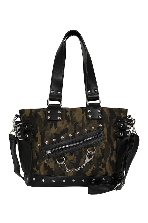 Banned Alternative BANNED Hellbound Wish Camo Shoulder Bag | Edgy Handcuff Canvas Handbag