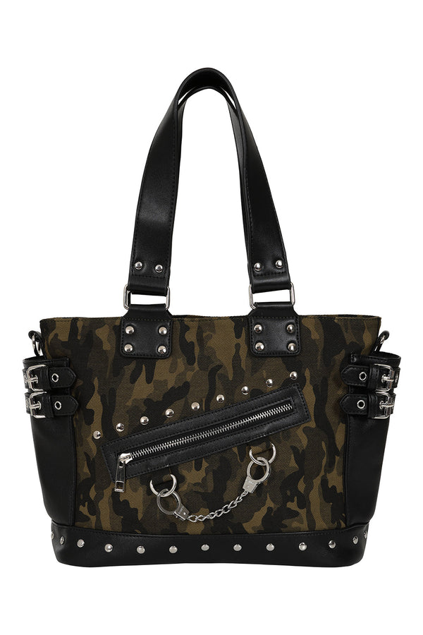 banned alternative BANNED Hellbound Wish Camo Shoulder Bag | Edgy Handcuff Canvas Handbag