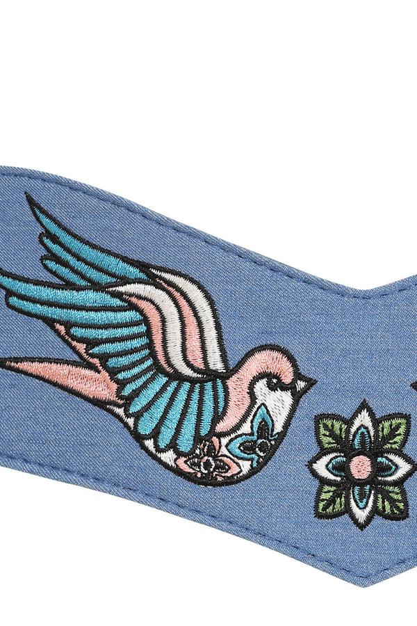 Banned Alternative BANNED Marilou Swallow Belt Retro Embroidered Denim Belt With Swallow Design