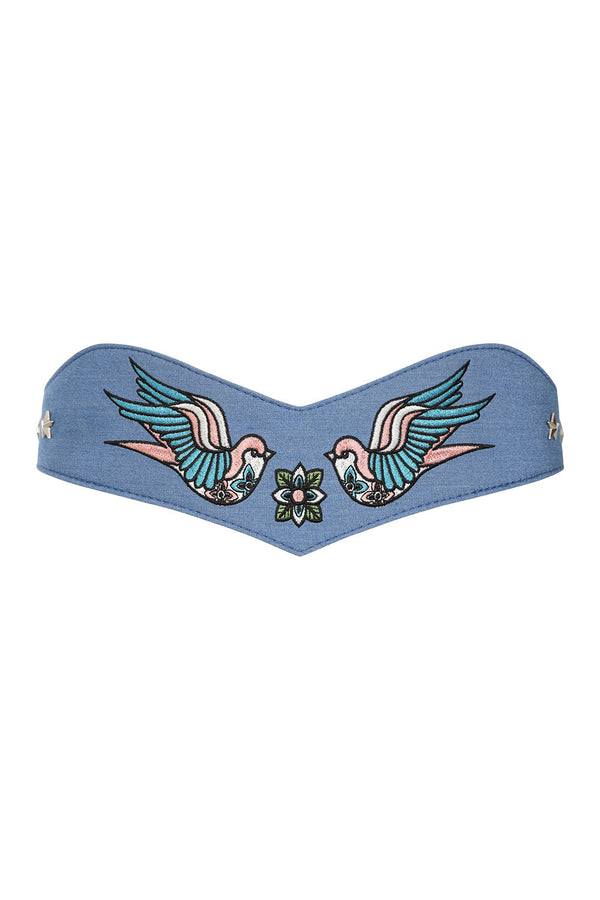 banned alternative BANNED Marilou Swallow Belt Retro Embroidered Denim Belt with Swallow Design