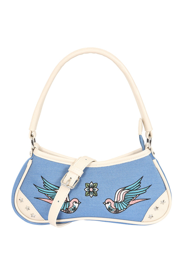 Banned Alternative BANNED Marilou Swallow Denim Handbag | Rockabilly Embroidered Style