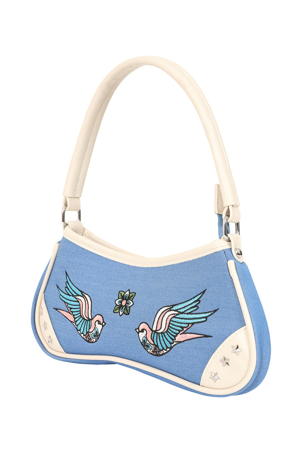 Banned Alternative BANNED Marilou Swallow Denim Handbag | Rockabilly Embroidered Style