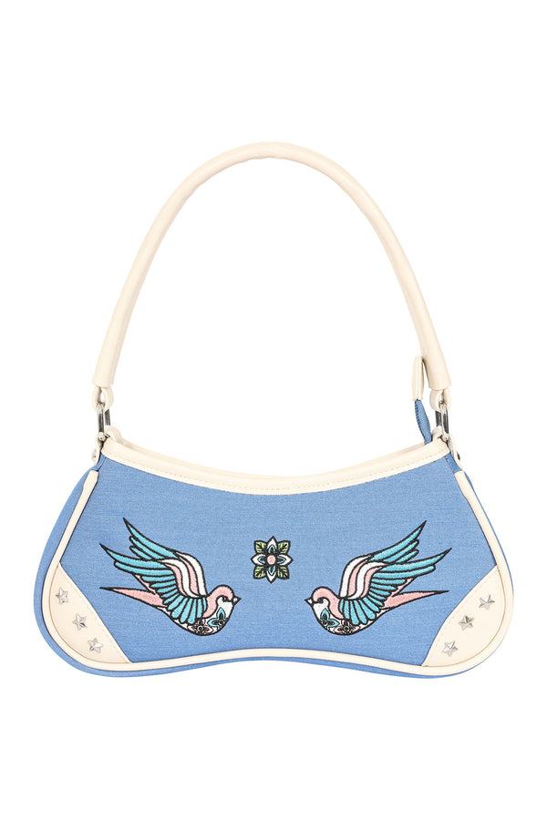 banned alternative BANNED Marilou Swallow Denim Handbag | Rockabilly Embroidered Style