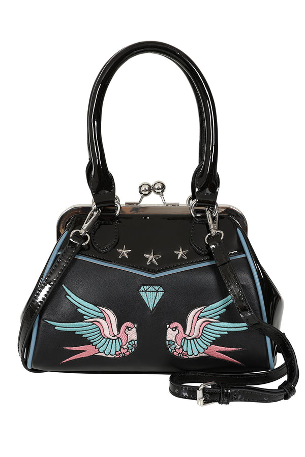 Banned Alternative BANNED The Swallows Return Lacquer Handbag | Rockabilly Embroidered Style
