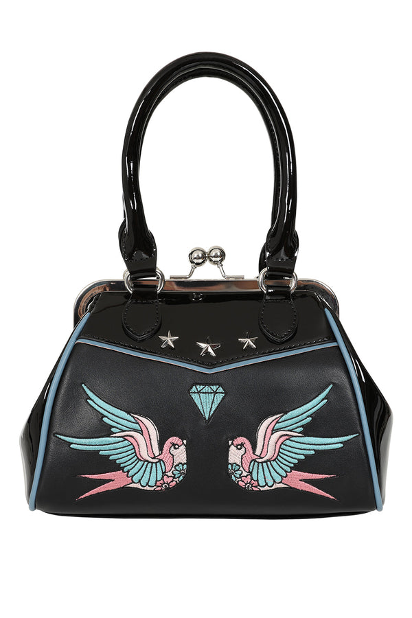 banned alternative BANNED The Swallows Return Lacquer Handbag | Rockabilly Embroidered Style