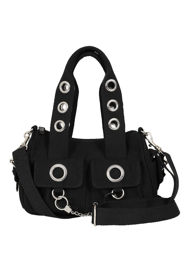 Banned Alternative BANNED Whittaker Mini Canvas Bag | Edgy Eyelet Handbag With Handcuff Detail