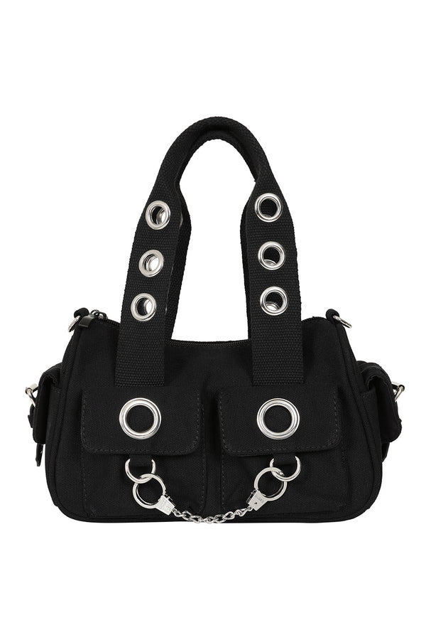 banned alternative BANNED Whittaker Mini Canvas Bag | Edgy Eyelet Handbag with Handcuff Detail