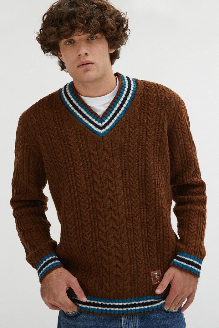 baracuta Premium Cable V Neck Cognac