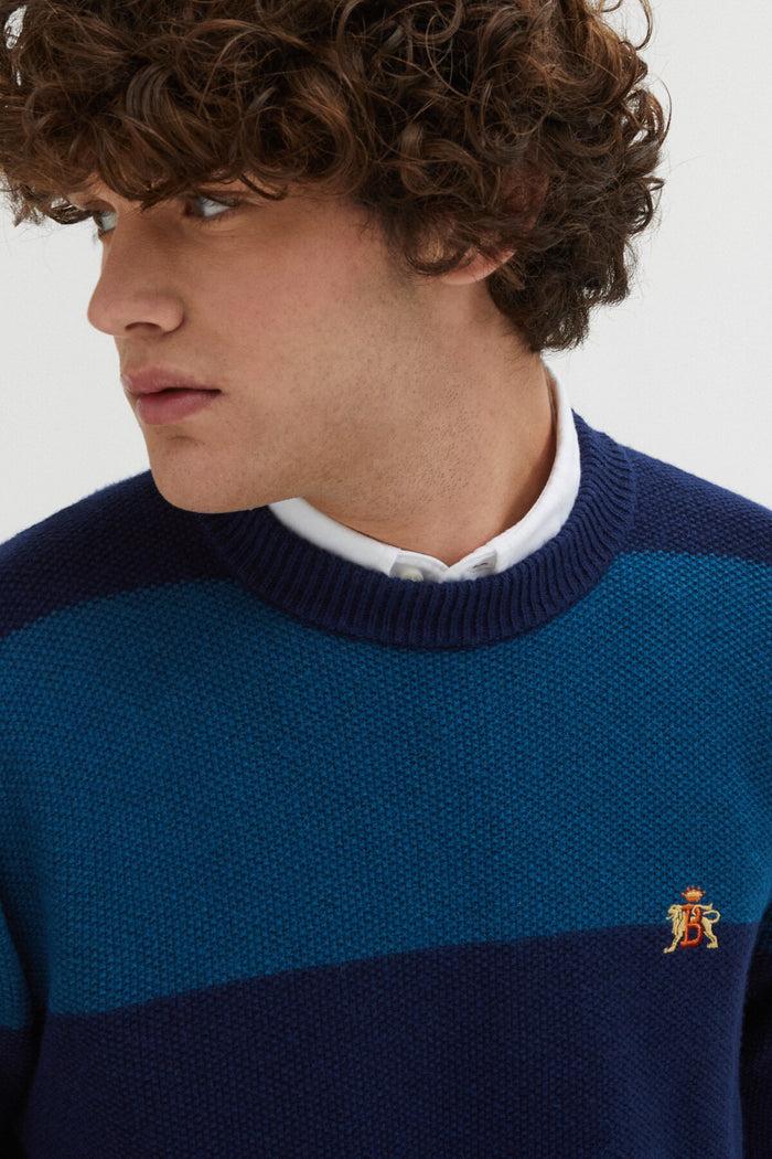 Baracuta Stripes Crew Neck Navy Peacock Stripe