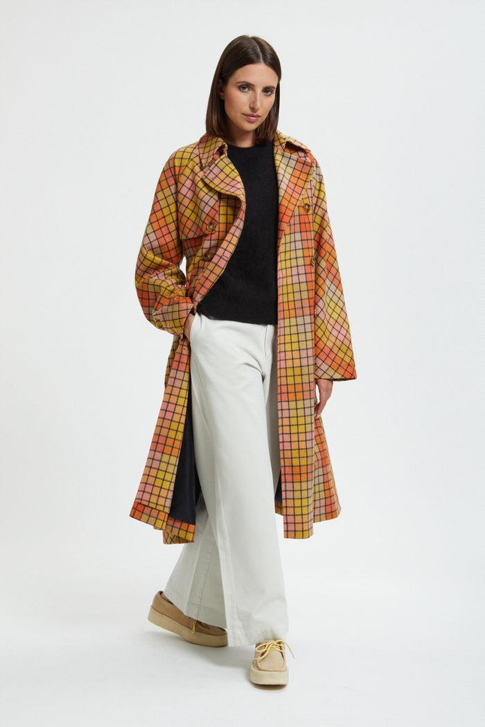 Baracuta Women's Check Wool Trench Burned Flamingo