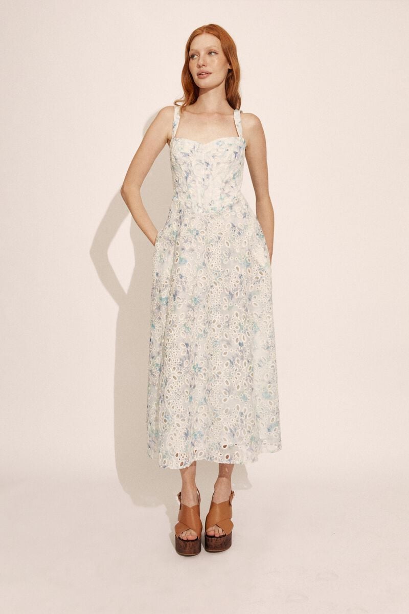 bardot adaline broderie midi dress in blue white