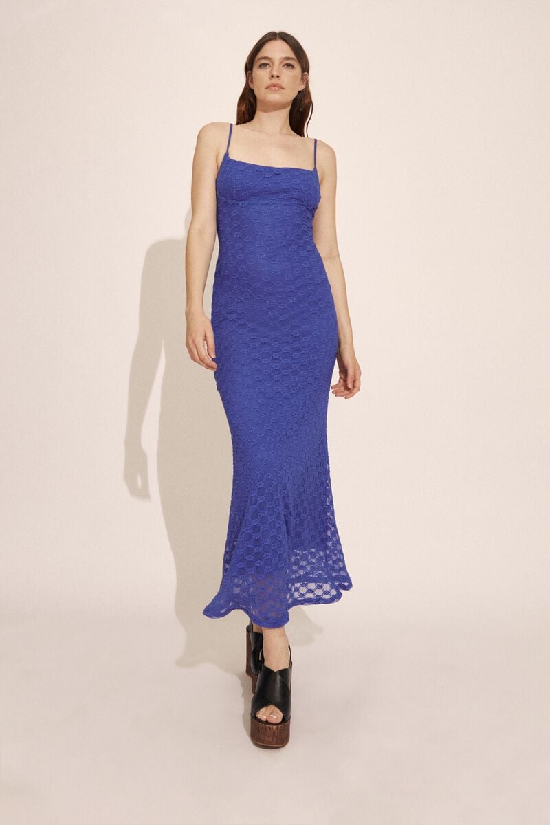 bardot adoni mesh midi dress in cobalt