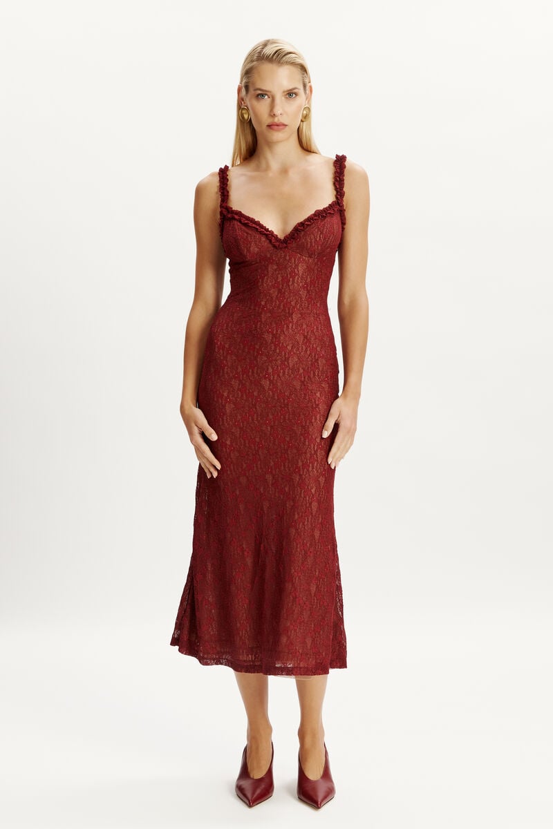 Bardot Alegra Stretch Lace Midi Dress In Burgundy