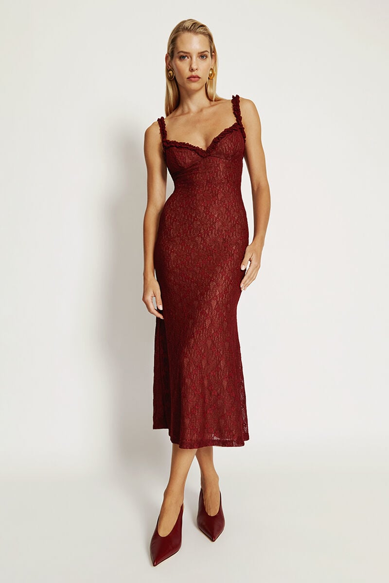 bardot alegra stretch lace midi dress in burgundy