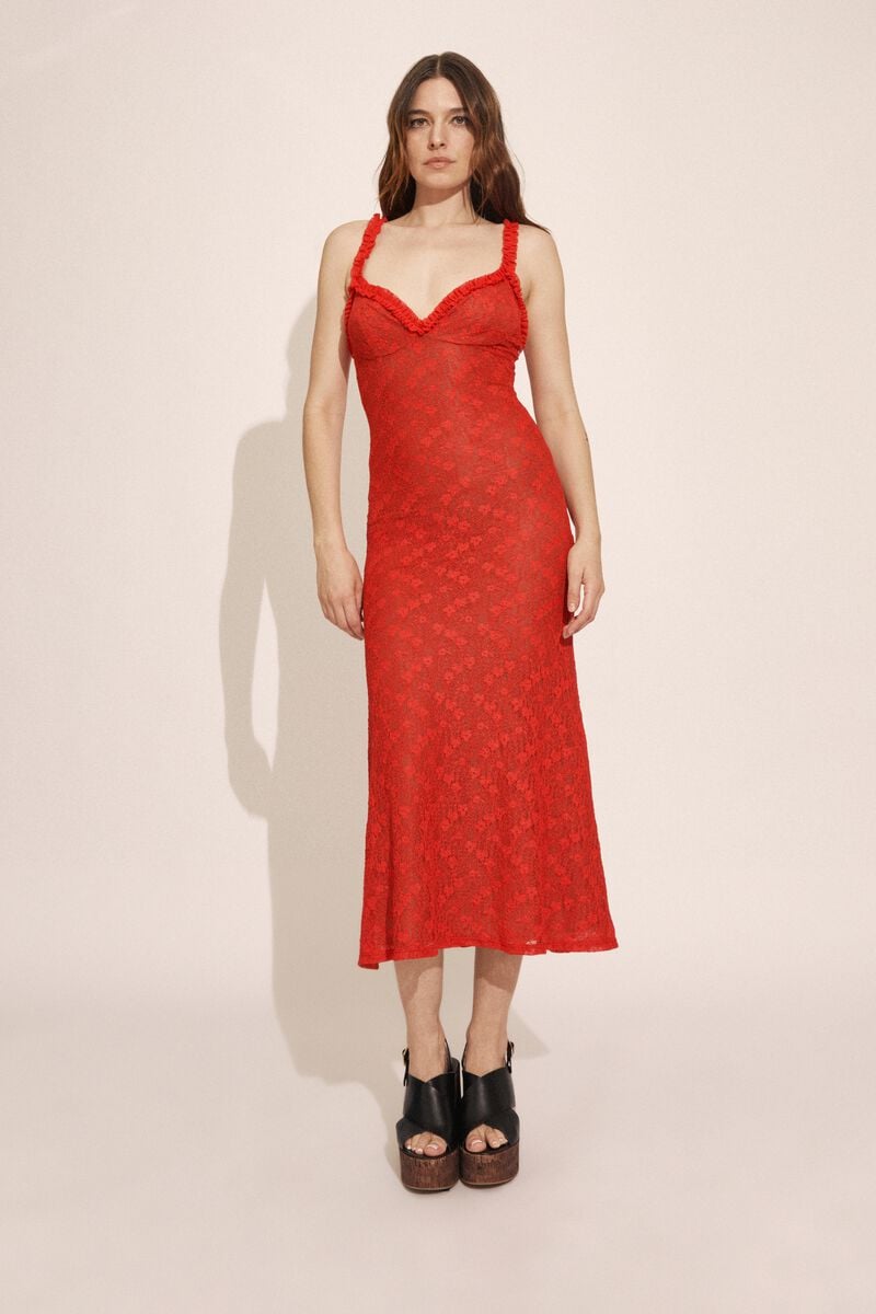 bardot alegra stretch lace midi dress in fire red