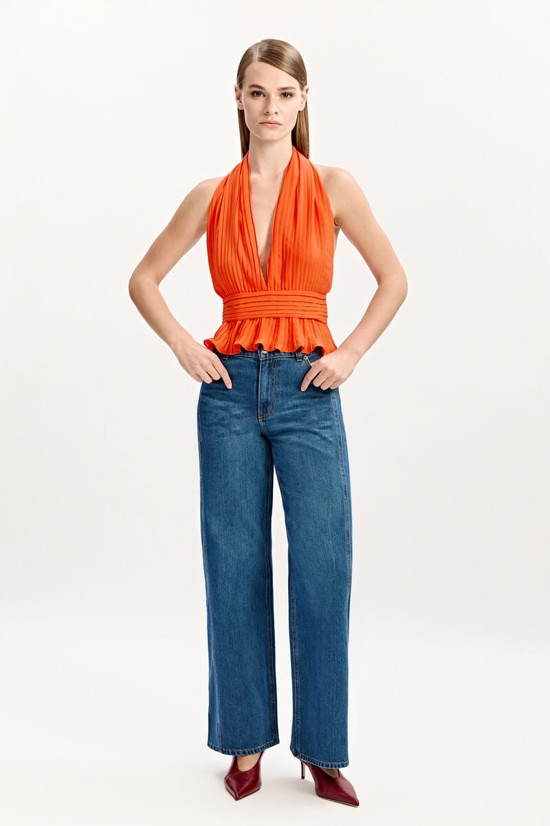 Bardot Amala Pleated Halter Neck Top In Tangelo