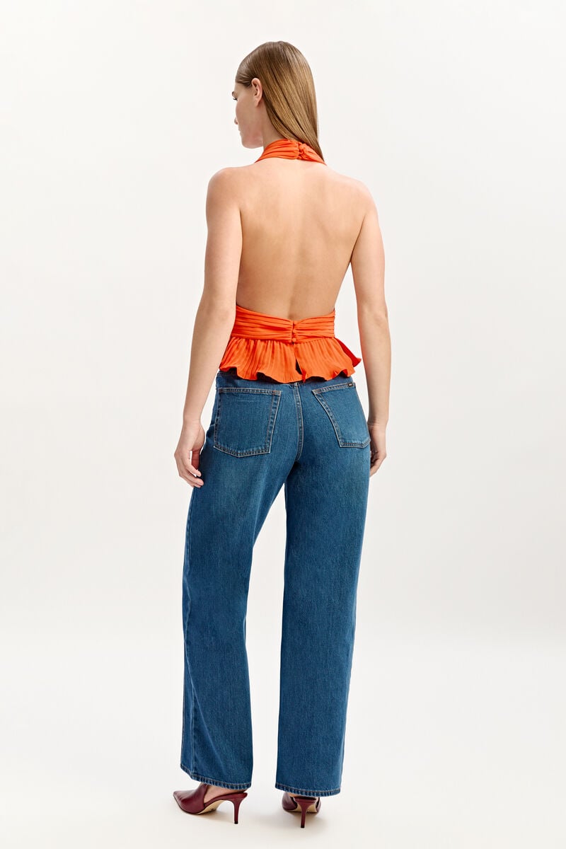 Bardot Amala Pleated Halter Neck Top In Tangelo