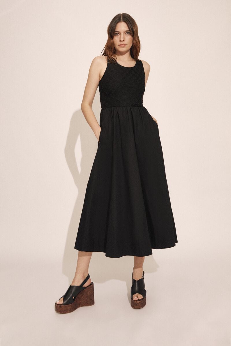 bardot brony lace poplin midi dress in black