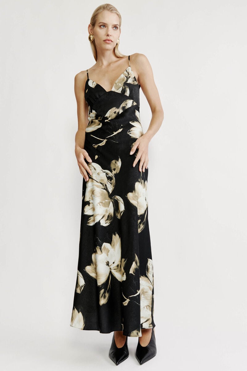 bardot capri printed slip dress in black fl