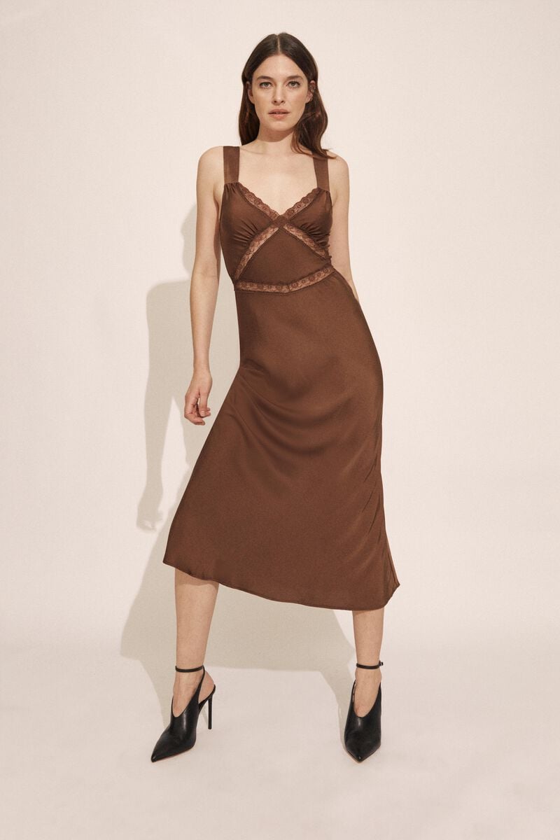 bardot emory lace slip dress in chocolate