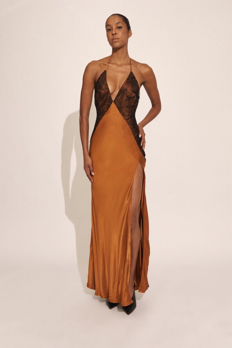 bardot estrella halter maxi dress in toffee