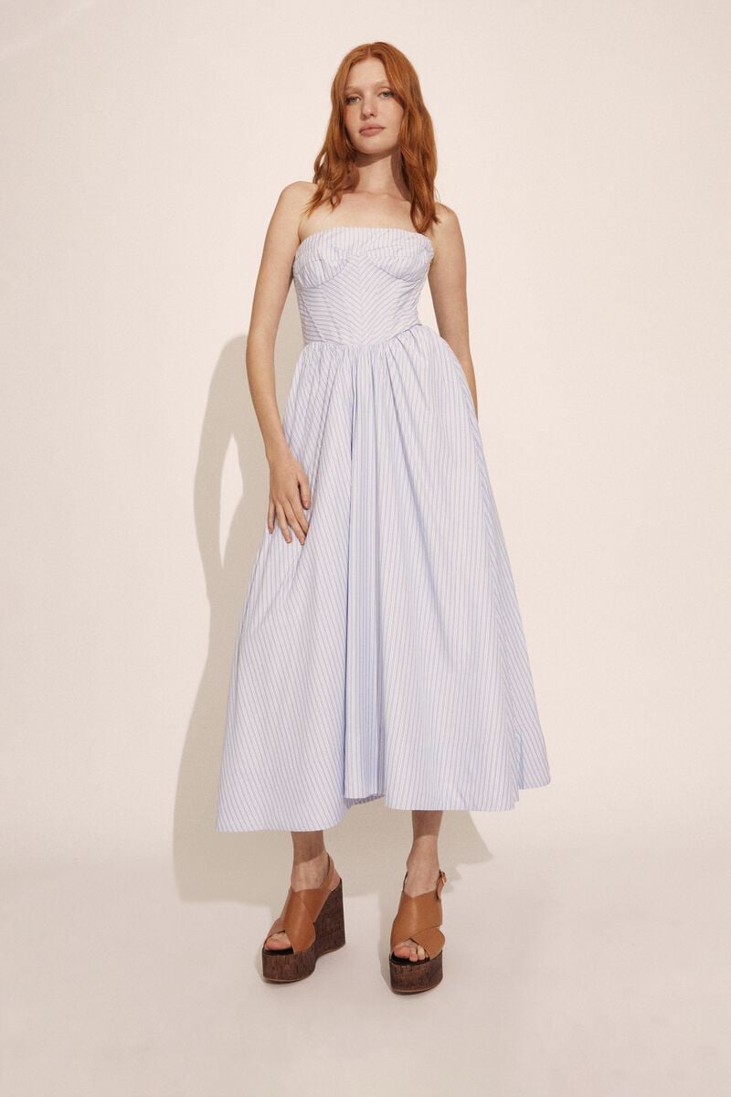 bardot lola corset stripe midi dress in blue strip