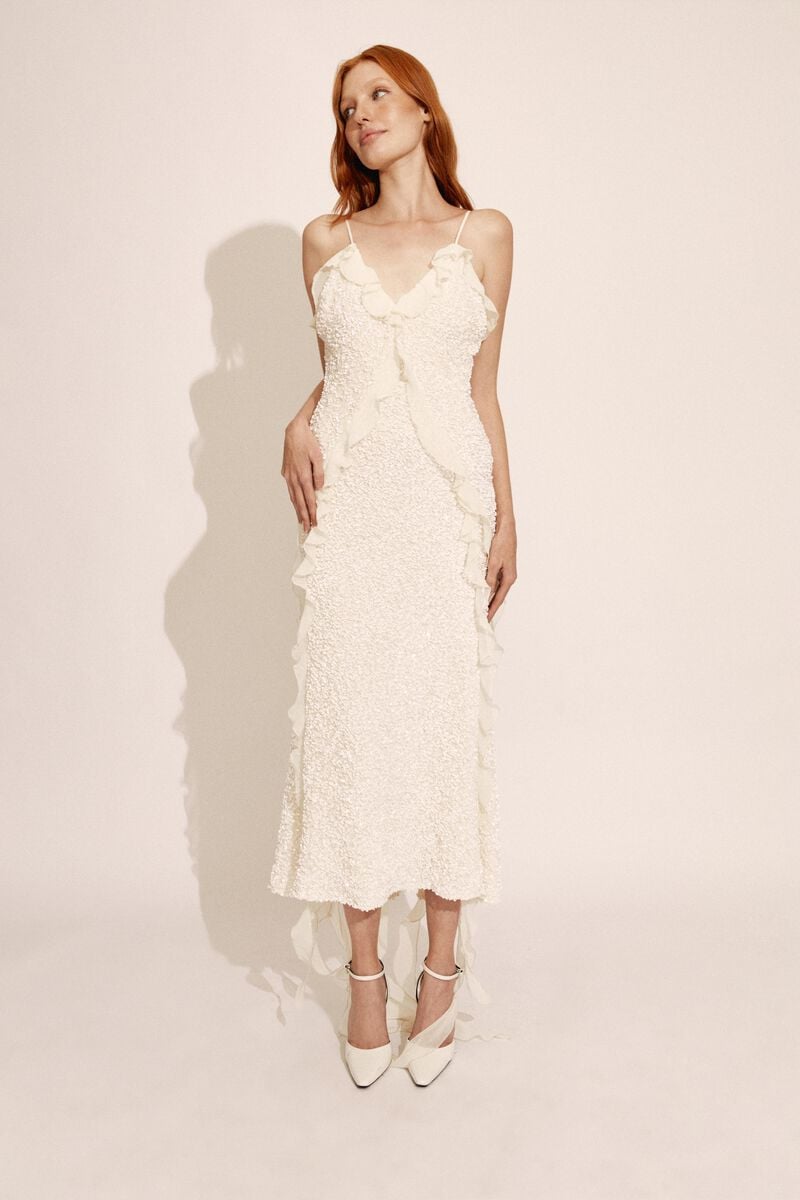 bardot marsella ruffle midi dress in ivory