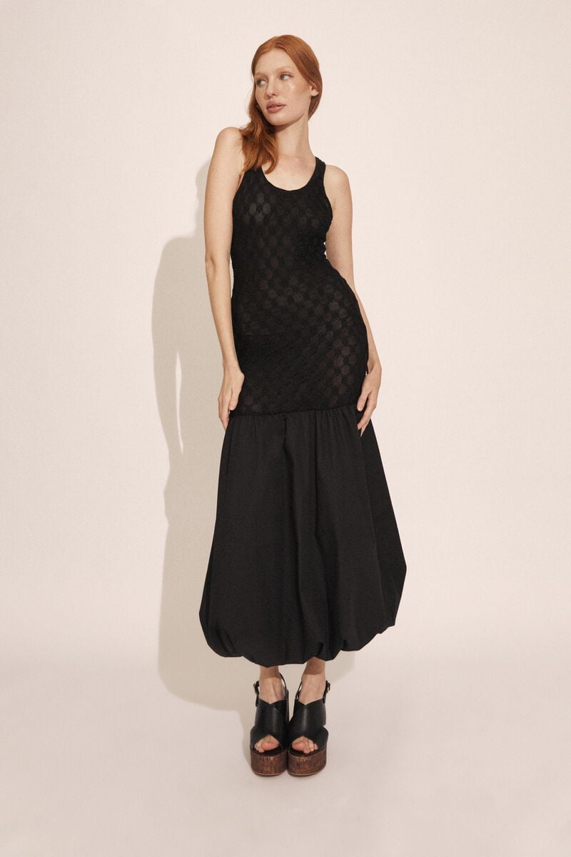 bardot melody lace poplin maxi dress in black