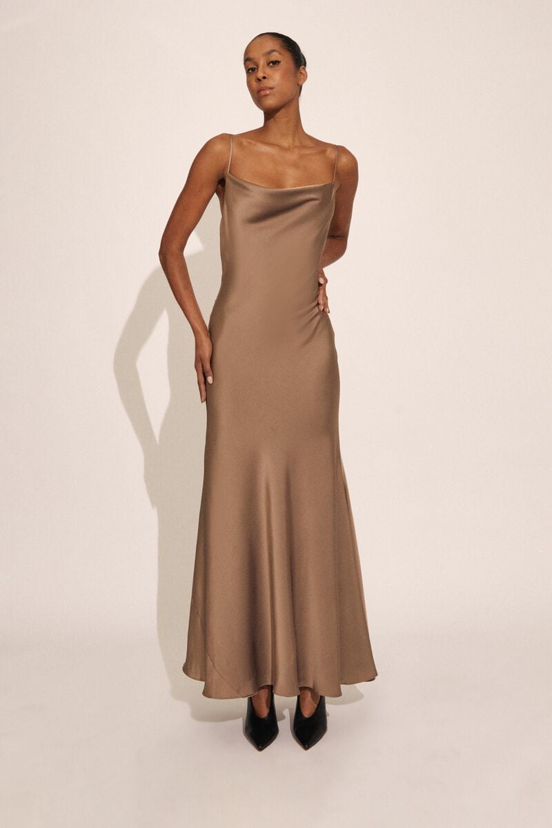 bardot monroe cowl neck maxi dress in toffee