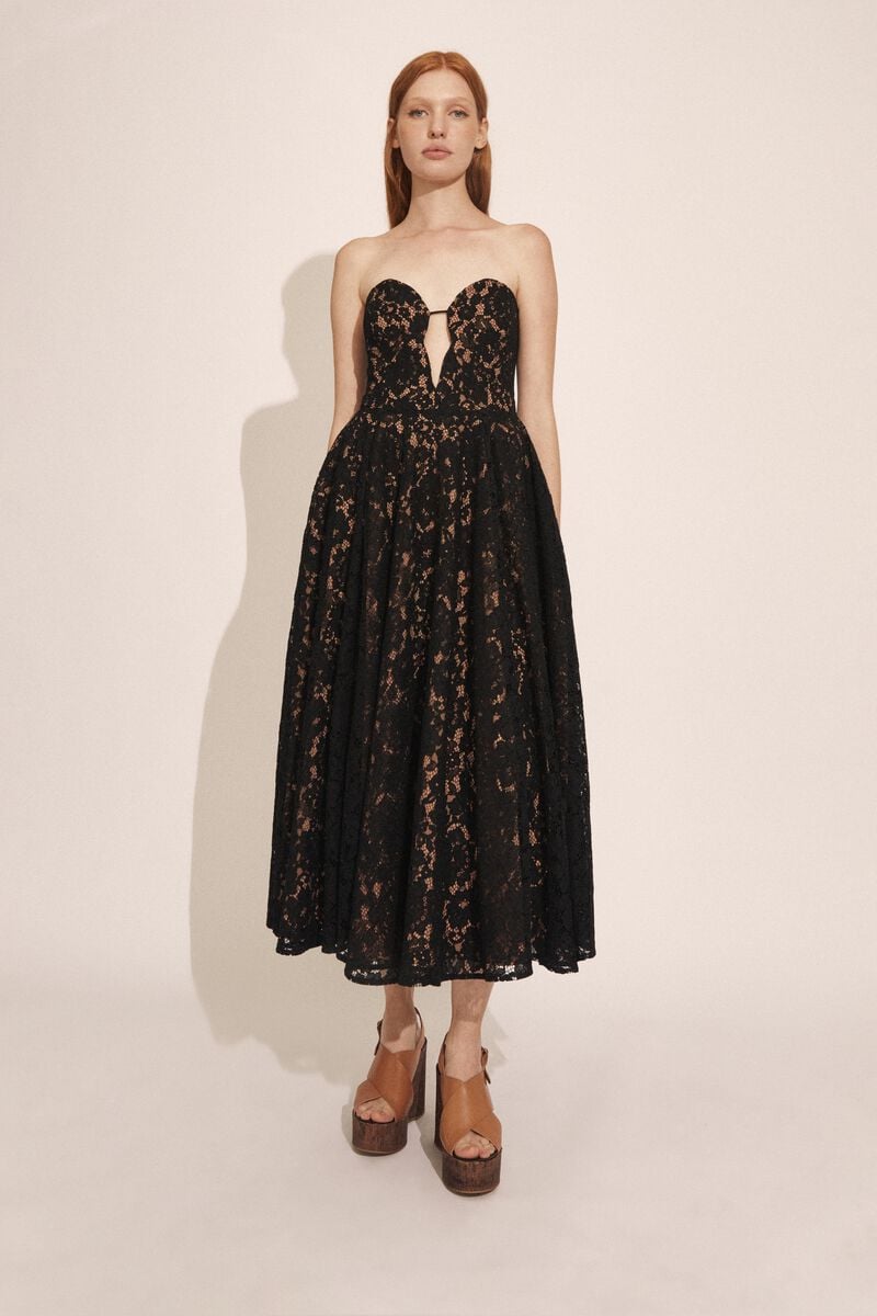 bardot opal volume lace midi dress in black