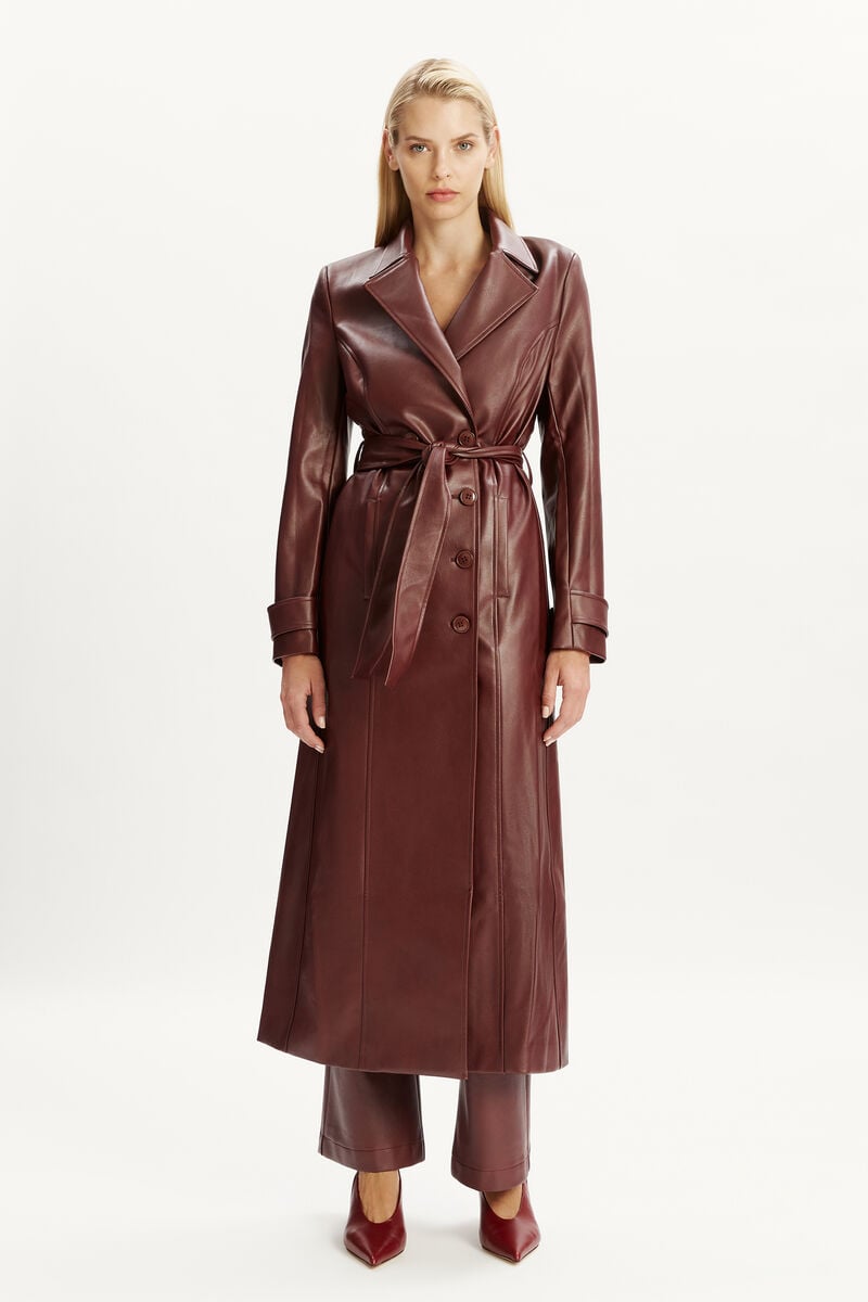 Bardot Vegan Leather Longline Coat In Burgundy