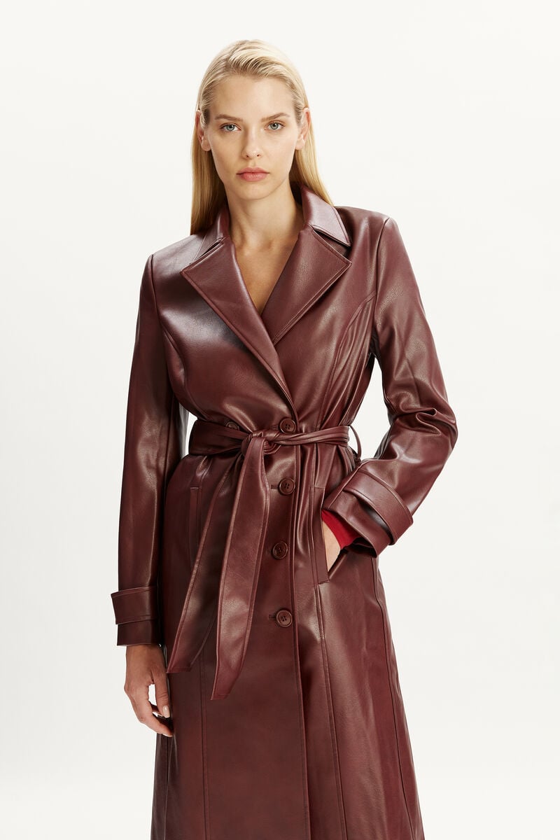 Bardot Vegan Leather Longline Coat In Burgundy