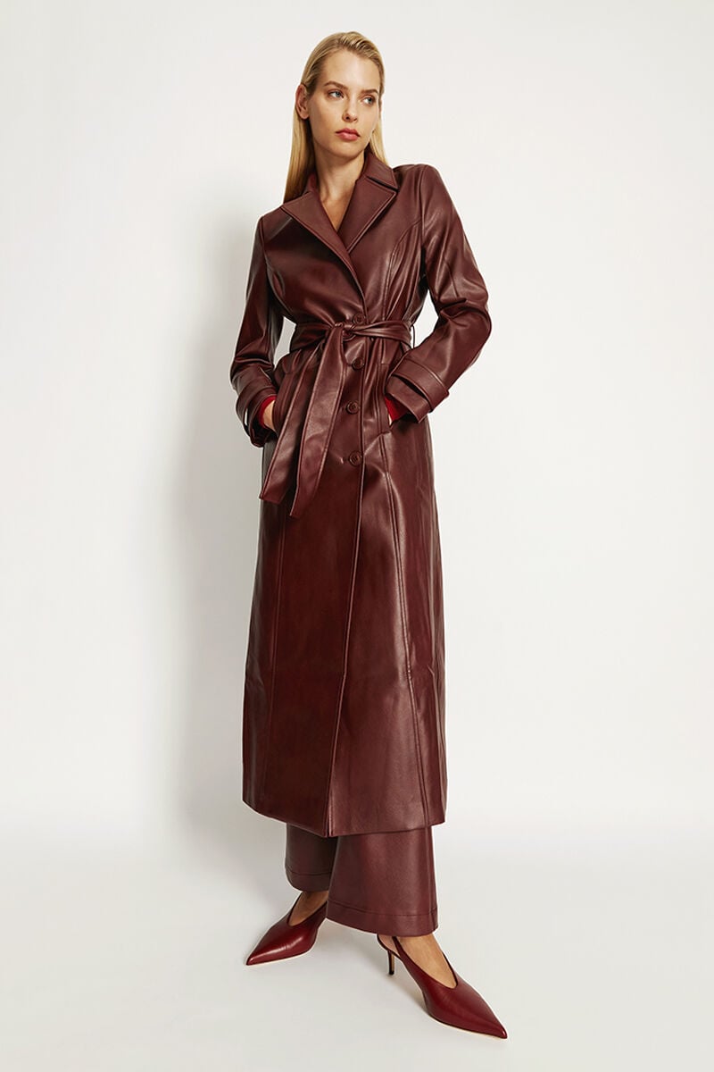 bardot vegan leather longline coat in burgundy