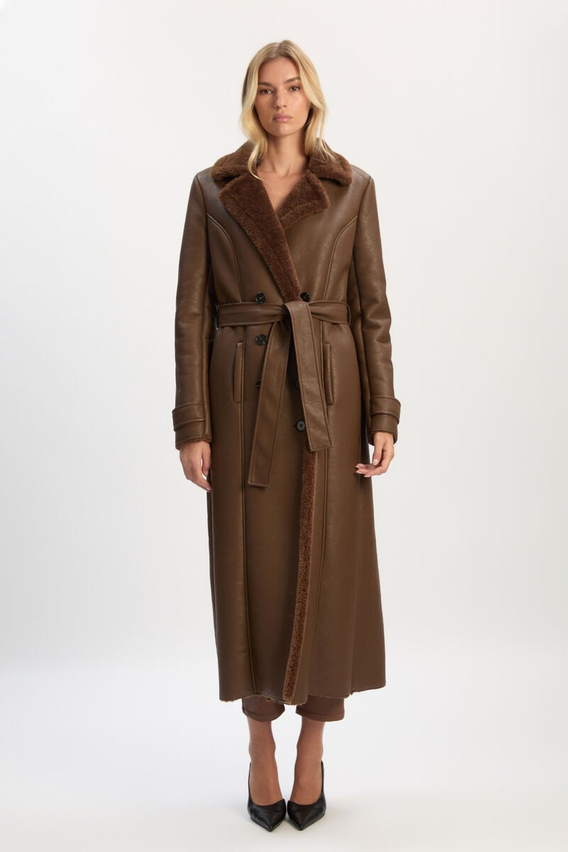 Bardot Vegan Leather Shearling Coat In Chocolate